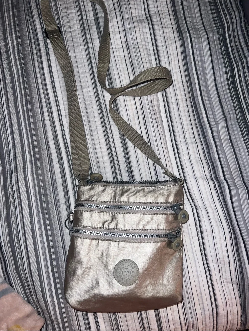 Kipling Metallic Taupe Crossbody with Triple Zip Pockets